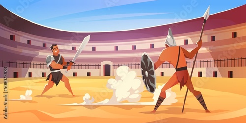 Gladiator fight. Cartoon roman fighters at colosseum arena, warriors attack, various weapons and armor, ancient battle show, characters in traditional costumes, vector isolated concept