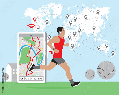 Running man using online platform technology to participate virtual global racing, marathon. Route, data on smartphone, world map, runners locations. World running Day 3 June. Healthy lifestyle vector
