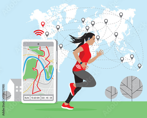 Running woman, girl using online platform technology to participate virtual global racing marathon. Route on smartphone, world map runners locations. World running Day 3 June. Healthy lifestyle vector