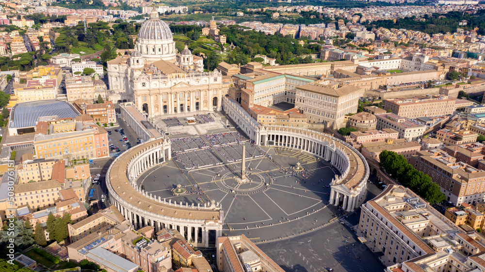 Aerial view of Papal Basilica of Saint Peter in the Vatican located in Rome, Italy, before a weekly general audience. It's the most important and largest church in the world and residence of the Pope.