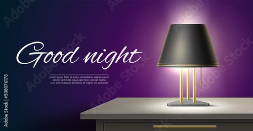 Night light on table. Realistic luminous lampshade on bedside table, sweet dreams banner, cozy evening room, modern interior lamp, electrical or sleep goods store, vector concept