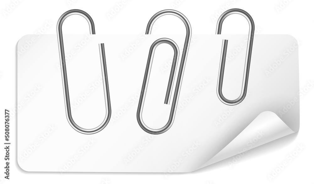 Pin paper clip. Realistic silver metal glossy fasteners on white sheet with curved corner, document paperclip, steel twisted wire, school and office stationery vector illustration Pin paper clip. Realistic silver metal glossy fasteners on white sheet with curved corner, document paperclip, steel twisted wire, school and office stationery vector illustration