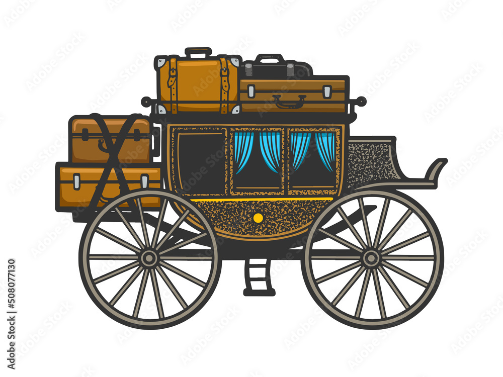 carriage with suitcases color sketch engraving vector illustration. T-shirt apparel print design. Scratch board imitation. Black and white hand drawn image.