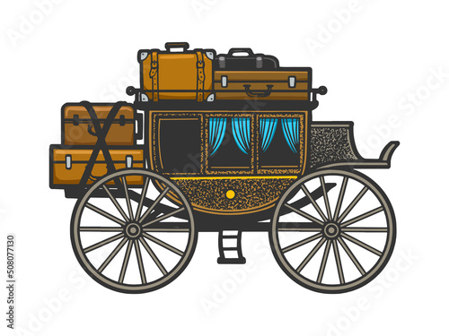 carriage with suitcases color sketch engraving vector illustration. T-shirt apparel print design. Scratch board imitation. Black and white hand drawn image.