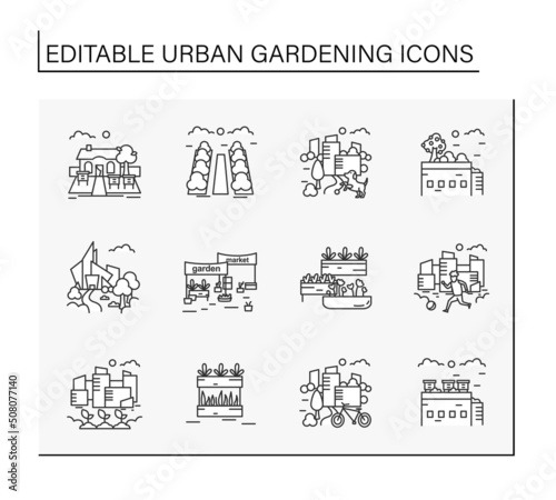 Urban gardening line icons set. Modern landscape. Free parkland for relaxation. Beekeeping, farming. Earth day concept. Isolated vector illustrations. Editable stroke