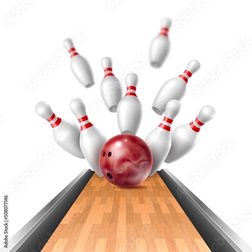 Realistic bowling strike. Hitting ball on pins moment, flying 3d isolated on white background element, wooden alley, playing championship, game equipment, bowl game sport vector concept