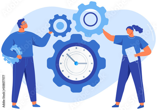 Project team with gears. Working process, searching for ideas and solutions, business processes running, startup, work motion concept. People stand near gear with clock as symbol of time management