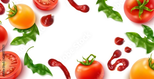 Realistic tomato background. Natural 3d vegetables on twigs and herbs, cooking ingredients frame banner, ketchup drops and smears, lettuce leaves, backdrop, vector isolated concept