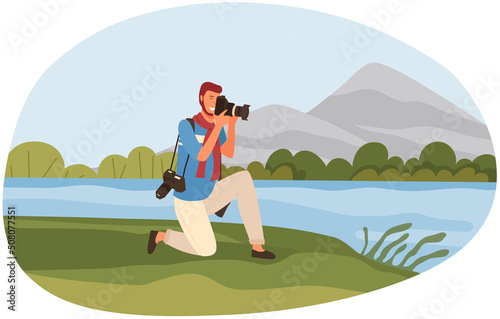 Happy travel photographer taking picture of nature. Cartoon character shooting mountains and lake on camera. Photography and landscape concept. Young guy hiking. Mountain tourism and recreation © robu_s