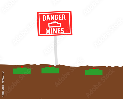 minefield. green land mine. danger mine zone sign with a red warning board.  flat design illustration vector.