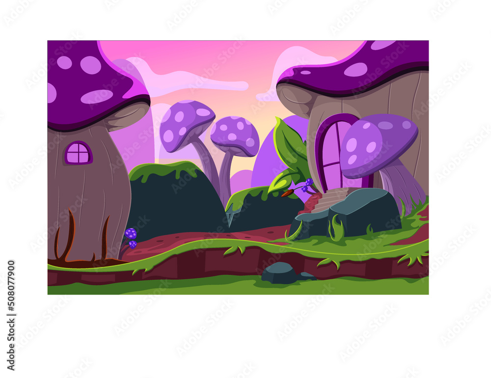 Fantasy landscape with mushroom houses in forest pond Vector Fantasy landscape with mushroom houses in forest pond Vector