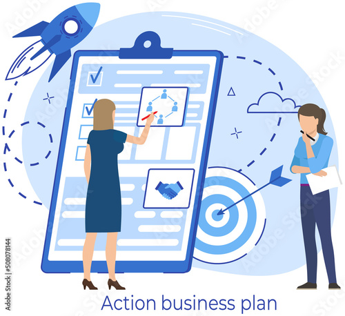 Women analysing checklist with results of survey, information report with data. Lady fills out action business plan on paper sheet. Businesswomen check startup strategy document on clipboard