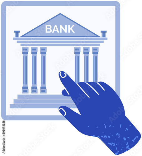 Hand points to bank building icon. Architectural structure for storing money of depositors and conducting transctions. Banking application symbol. Bank for business investment sign vector illustration