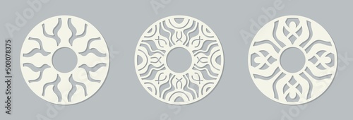 Circle laser cut ornament template. Ornamental templates collection for wedding invitation or greeting card. Cabinet fretwork screen. Metal design, wood carving