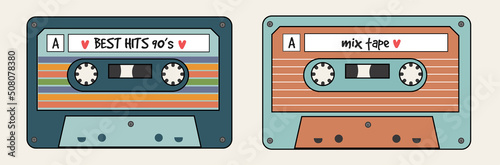 Vector Retro hand drawn tape cassette. Vintage old 90s music elements