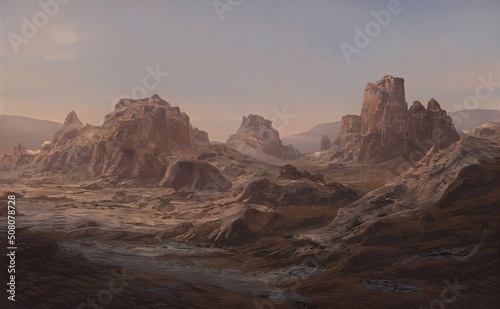 High desert mountains, rocky ridge valley. Nevada mountain range, sand in the canyon. Amazing landscape of peaks, large stone cliff rock. 3d illustration