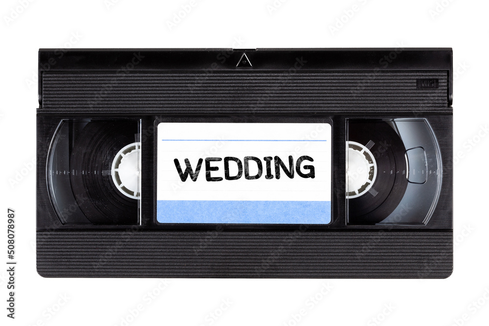 Old classic traditional VHS cassette tape archival wedding recording family souvenir 80s 90s self recorded movie, video media storage device, top view, front, isolated on white, object cut out, nobody