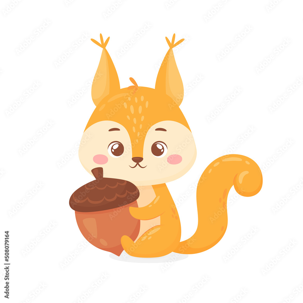 custom made wallpaper toronto digitalCute squirrel holds an acorn. Funny childish animal for poster, card, print, kid clothing, invitation. Vector illustration in cartoon style isolated on white background