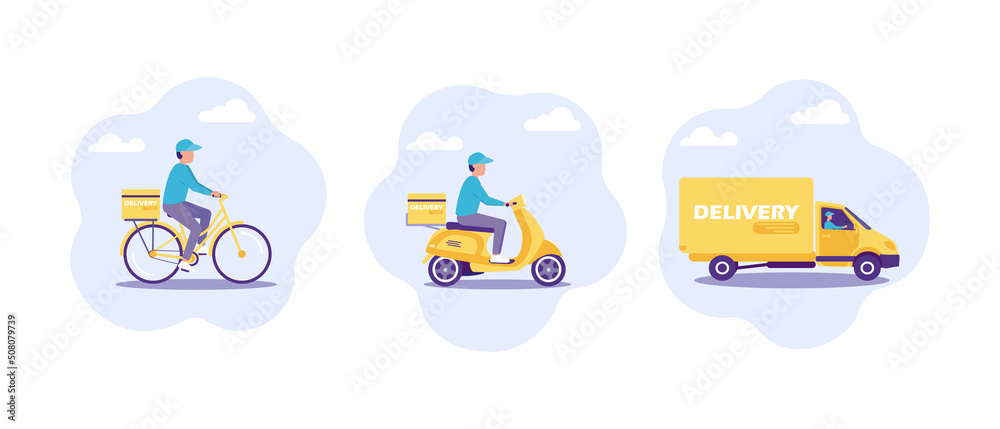 Concept of an online delivery service to your home and office. Courier by bike, scooter and truck. Vector illustration