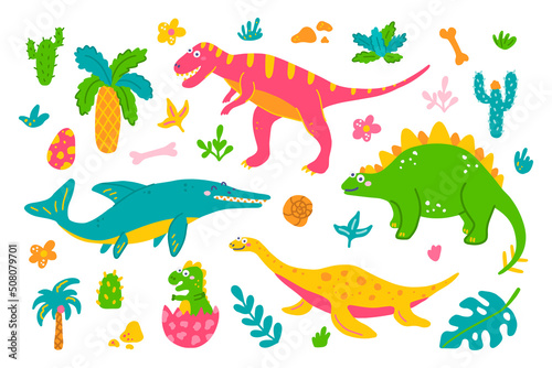 Bright set of dinosaurs and plants on white background in hand drawn style  vector childrens flat illustration