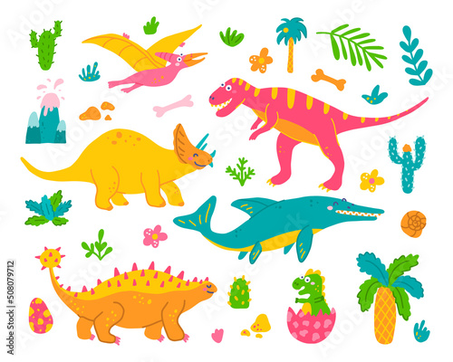 Fototapeta Naklejka Na Ścianę i Meble -  Bright set of dinosaurs and plants on white background in hand drawn style, vector childrens flat illustration