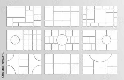 Collage mood board grid. Moodboard template. Photo layout. Mosaic pictures. Frames Images. Album brandboard. Gallery banner. Set of presentation backgrounds. Organised portfolio. Vector illustration