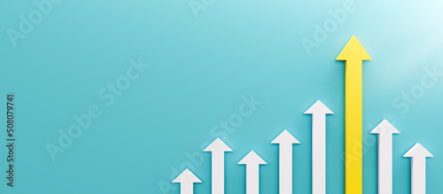 Achievement and growth concept. Arrows up to growth with main arrow to success. Creative progress concept. 3D rendering.