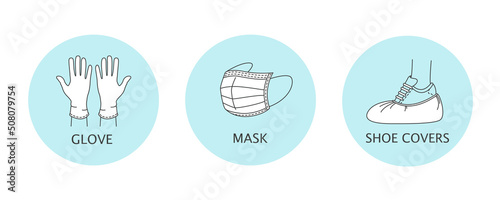 Medical mask, rubber gloves and shoe covers. Icons of personal hygiene and virus protection. Vector illustration