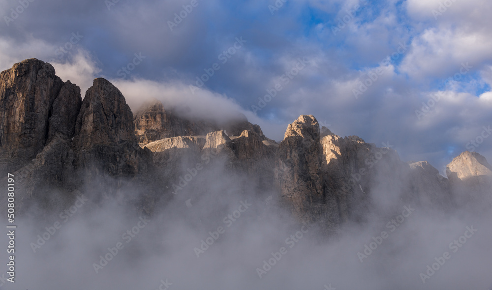 Mountains above Val Gardena mountain pass in the Dolomites