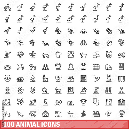 100 animal icons set. Outline illustration of 100 animal icons vector set isolated on white background