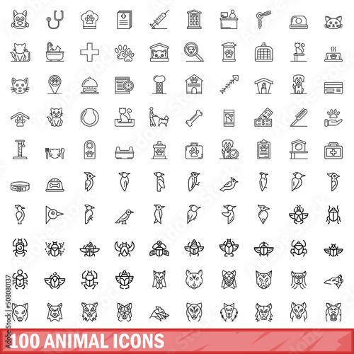 100 animal icons set. Outline illustration of 100 animal icons vector set isolated on white background