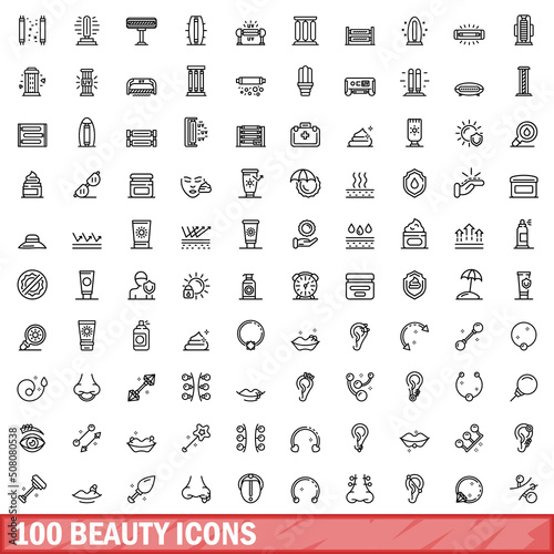 100 beauty icons set. Outline illustration of 100 beauty icons vector set isolated on white background