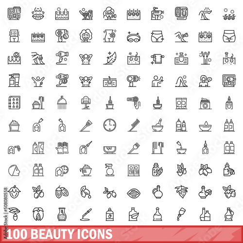 100 beauty icons set. Outline illustration of 100 beauty icons vector set isolated on white background