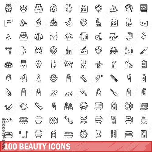 100 beauty icons set. Outline illustration of 100 beauty icons vector set isolated on white background