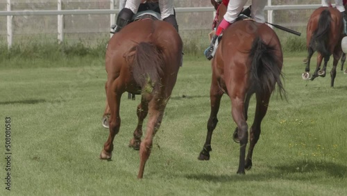 Horses run in competitions in the race for first place. Horse racing in slow motion. photo