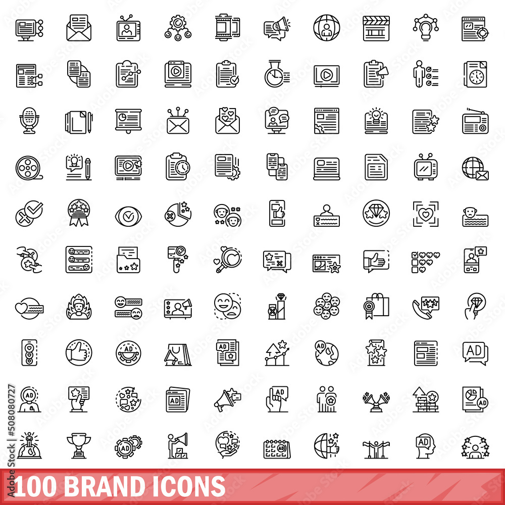 100 brand icons set. Outline illustration of 100 brand icons vector set isolated on white background 100 brand icons set. Outline illustration of 100 brand icons vector set isolated on white background