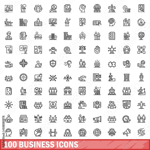 100 business icons set. Outline illustration of 100 business icons vector set isolated on white background