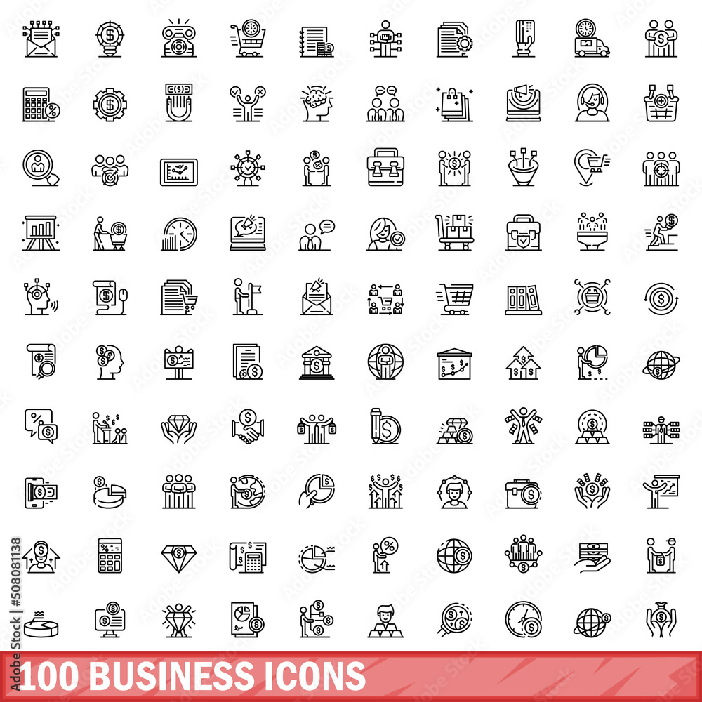 100 business icons set. Outline illustration of 100 business icons vector set isolated on white background 100 business icons set. Outline illustration of 100 business icons vector set isolated on white background
