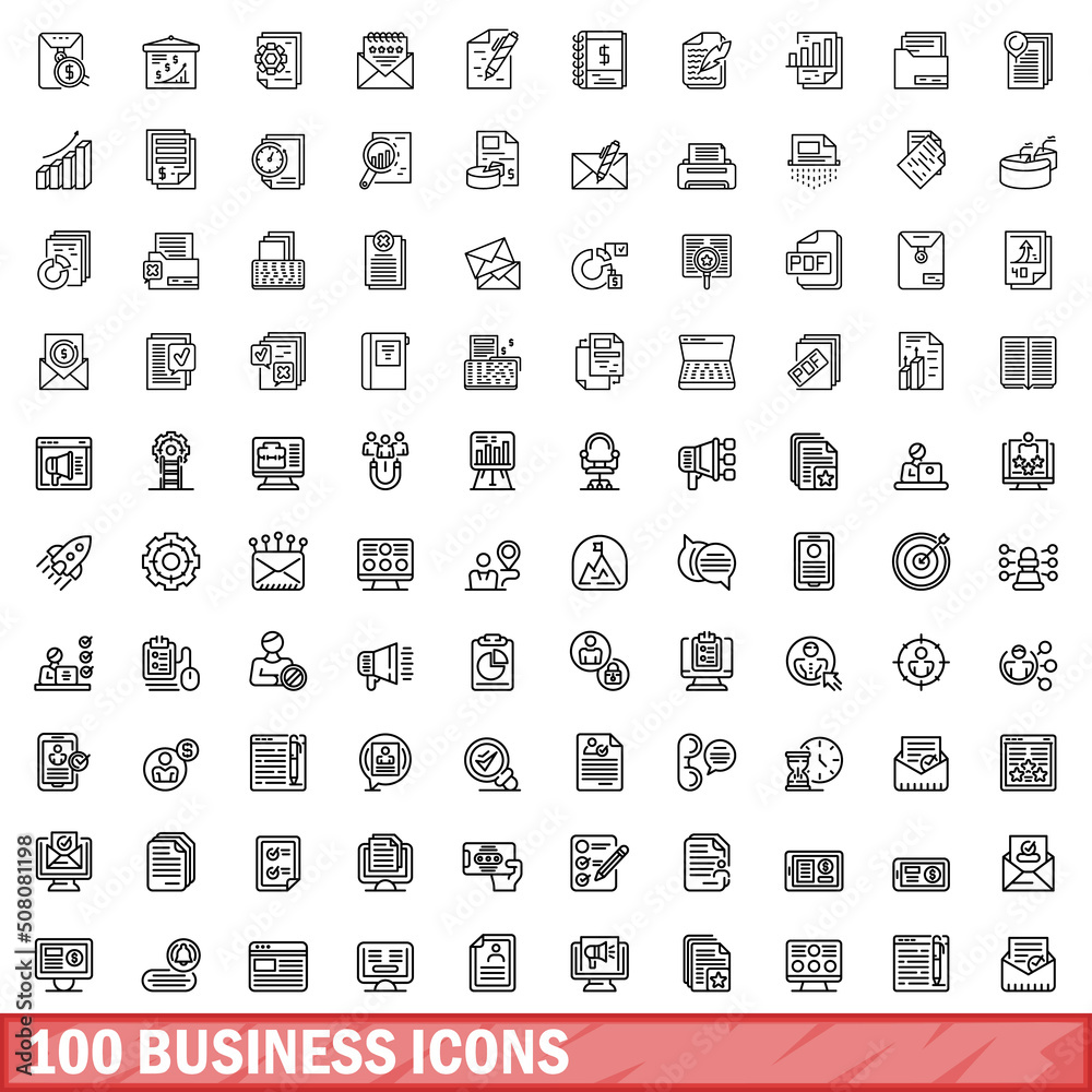 100 business icons set. Outline illustration of 100 business icons vector set isolated on white background 100 business icons set. Outline illustration of 100 business icons vector set isolated on white background