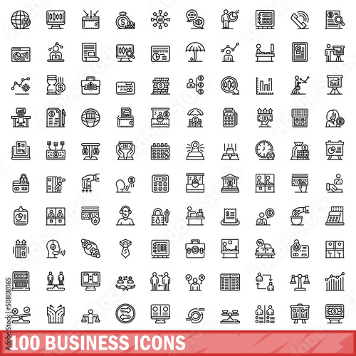 100 business icons set. Outline illustration of 100 business icons vector set isolated on white background