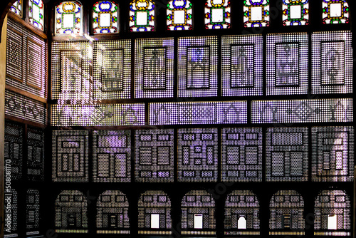 Interior Scene from inside of Bayt Al-Suhaymi (House of Suhaymi) showing a beautiful design wooden Mashrabiya. photo