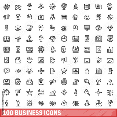 100 business icons set. Outline illustration of 100 business icons vector set isolated on white background