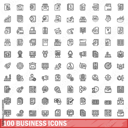 100 business icons set. Outline illustration of 100 business icons vector set isolated on white background