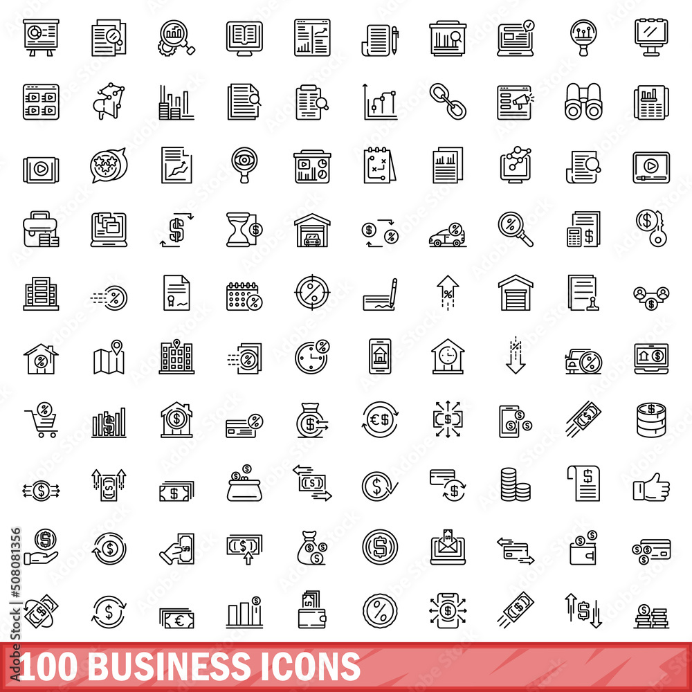 100 business icons set. Outline illustration of 100 business icons vector set isolated on white background