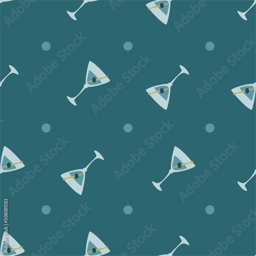 Martini glass with olive and skewer seamless pattern. Doodle style. Color hand drawn image. Repeat template. Party drinks concept. Freehand drawing. Cartoon sketch graphic draft