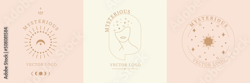 Mystic astrology set. Hand drawn magic vintage sign, esoteric cult fairy design. Woman line face with moon sun and stars, space objects. Minimal female cards. Vector abstract zodiac symbols