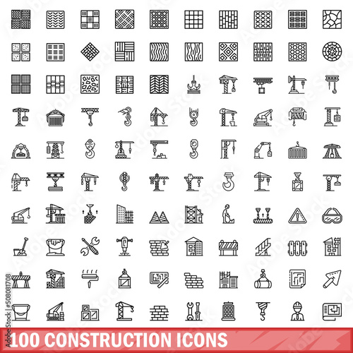 100 construction icons set. Outline illustration of 100 construction icons vector set isolated on white background