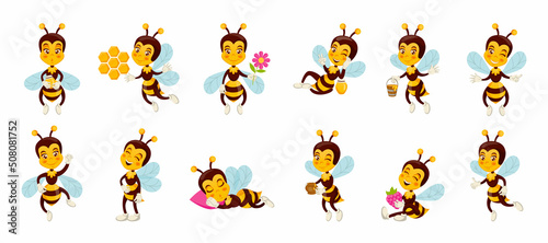 Cute bees and honey. Happy flying animal with honeycomb or flower. Insect characters poses and actions. Honeybee logo for delivery. Wasp carries sweets. Cartoon vector bugs positions set