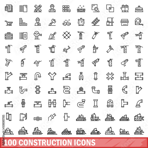 100 construction icons set. Outline illustration of 100 construction icons vector set isolated on white background