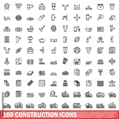 100 construction icons set. Outline illustration of 100 construction icons vector set isolated on white background